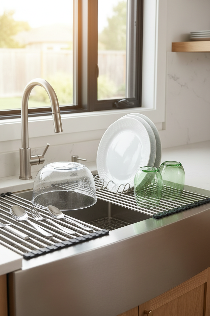Happy Sinks Roll-Up Dish Drying Rack in Premium Stainless Steel and Silicone over a kitchen sink