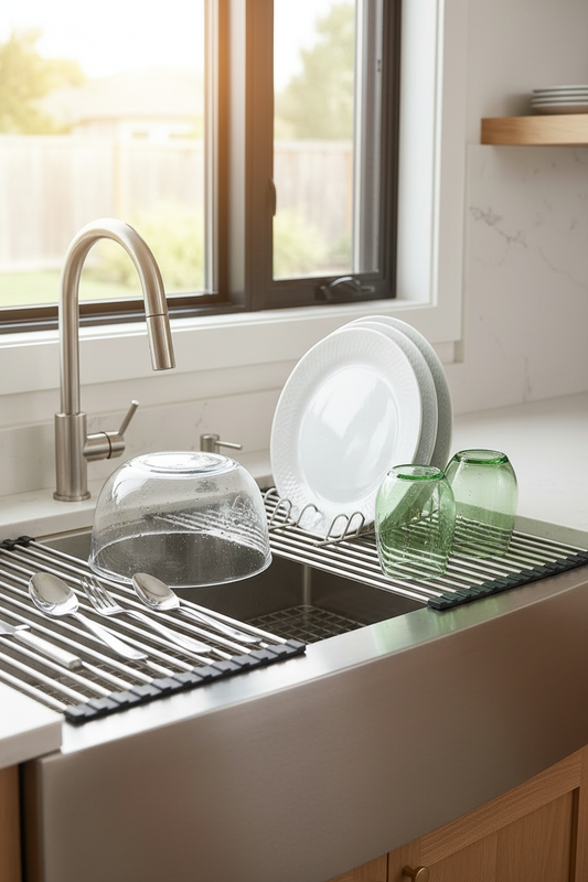 Happy Sinks Roll-Up Dish Drying Rack in Premium Stainless Steel and Silicone over a kitchen sink