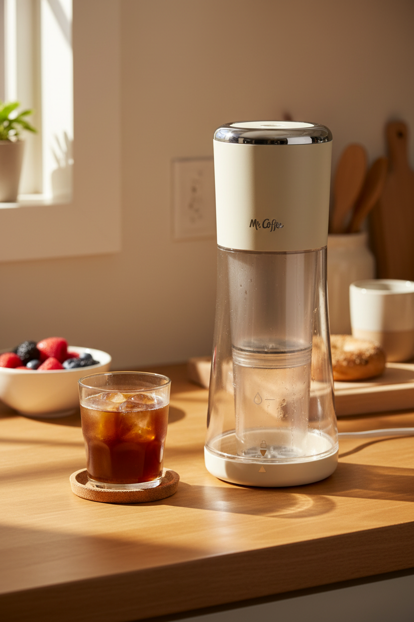 Mr. Coffee Express 10-Minute Cold Brew Coffee Maker in Oat Milk on a warm family kitchen counter