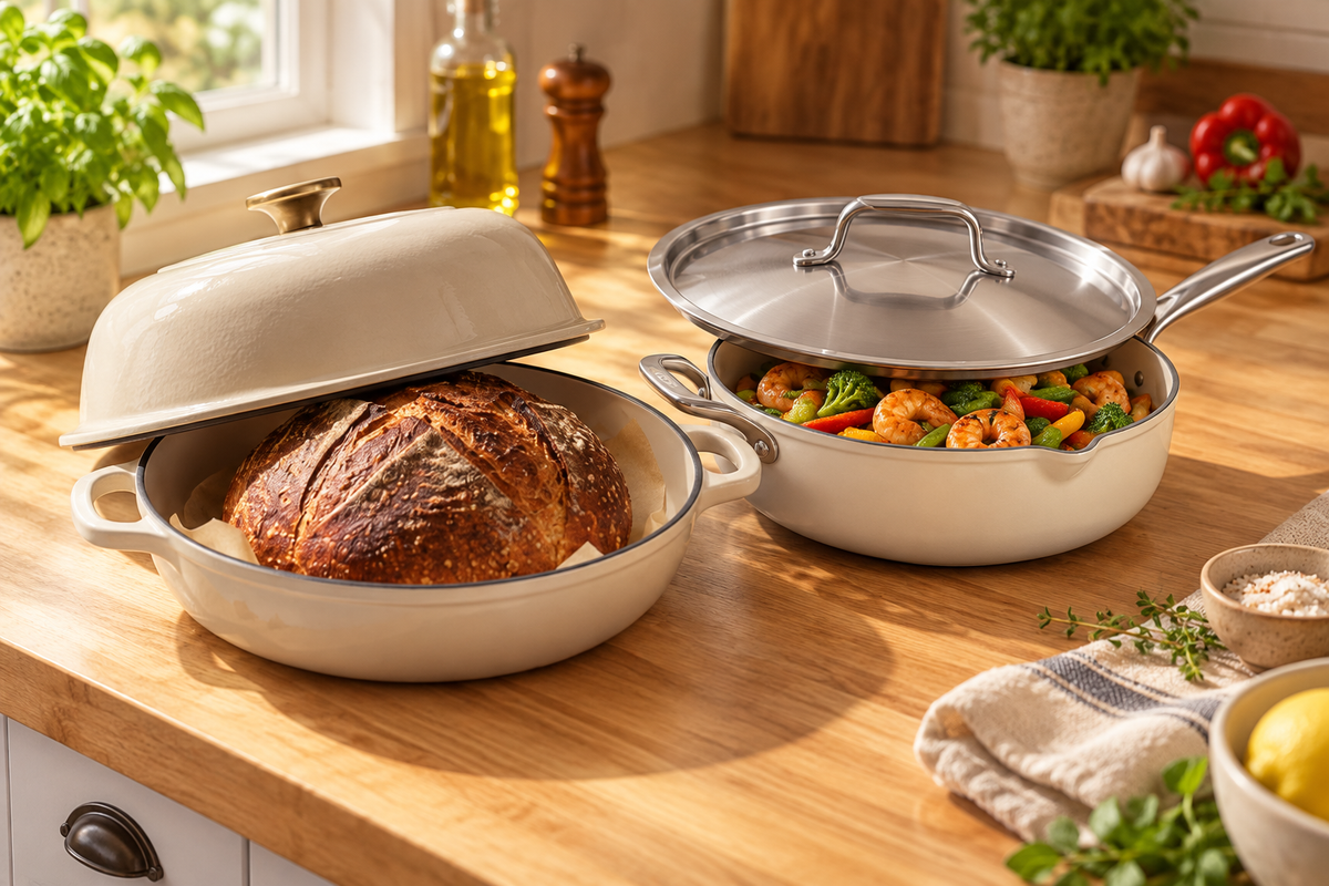 Tramontina Sunday Dinner Duo bundle - Cast Iron Bread Oven with sourdough loaf and All-in-One Plus Pan with sauteed vegetables and shrimp on a kitchen counter