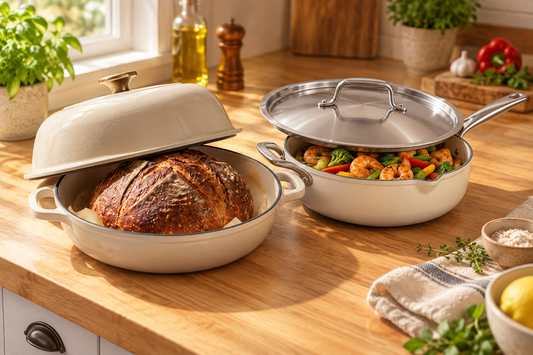 Tramontina Sunday Dinner Duo bundle - Cast Iron Bread Oven with sourdough loaf and All-in-One Plus Pan with sauteed vegetables and shrimp on a kitchen counter