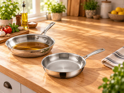 Tramontina Tri-Ply 8 inch and 10 inch stainless steel fry pans on a wooden kitchen counter