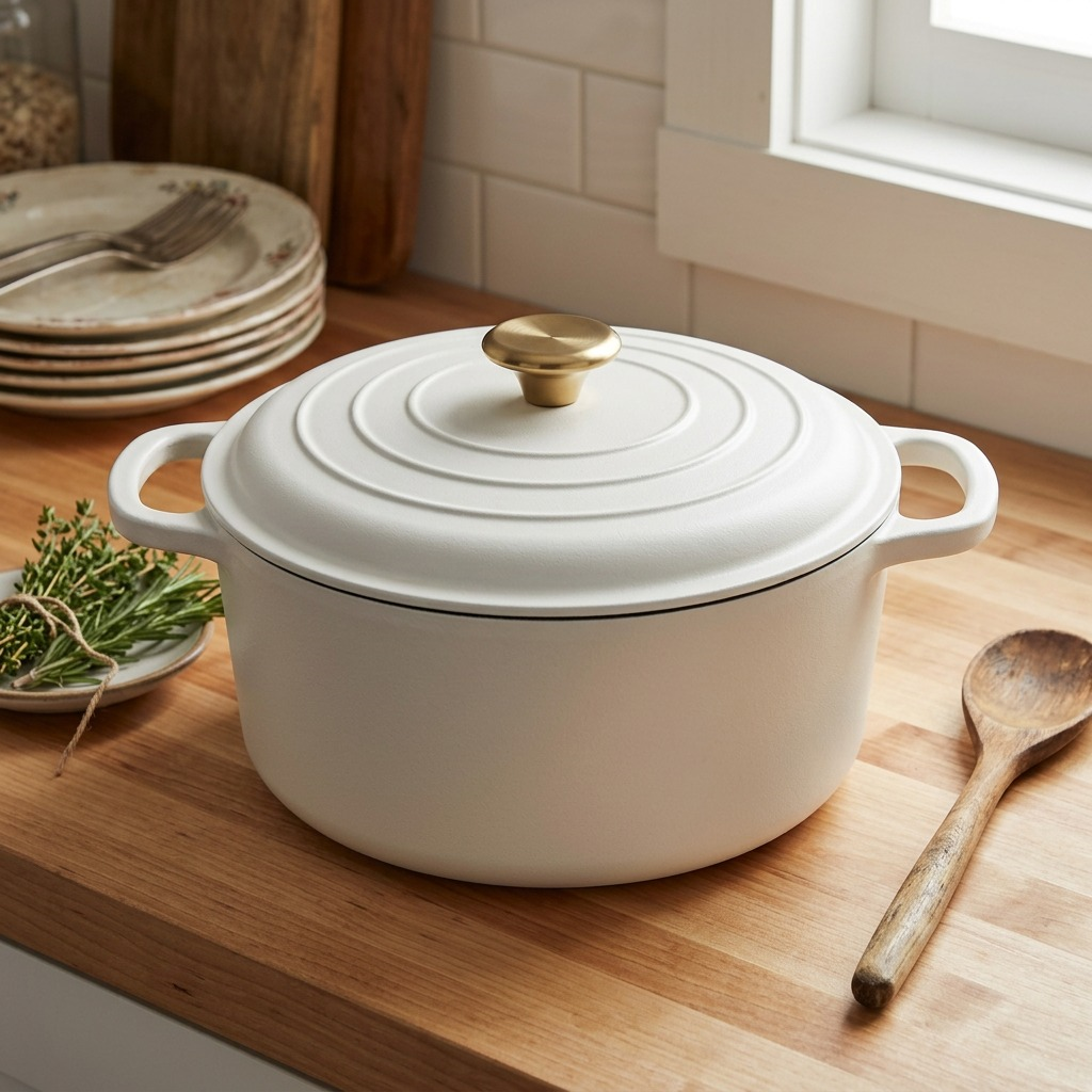 Tramontina Bestow 5.5 Qt Dutch Oven Matte White in rustic kitchen lifestyle