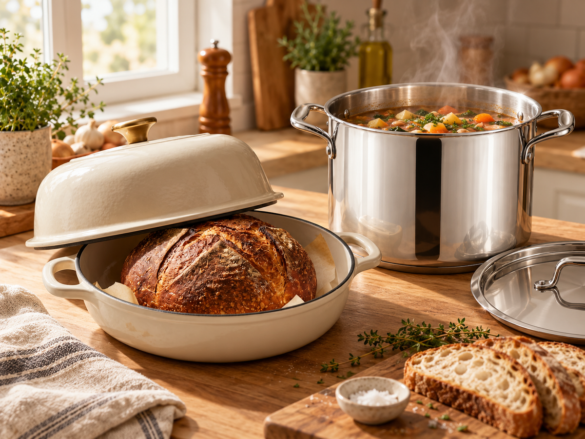 Tramontina Soup and Bread bundle - Cast Iron Bread Oven with sourdough loaf and Tri-Ply Base 8 quart stock pot with vegetable soup on a kitchen counter