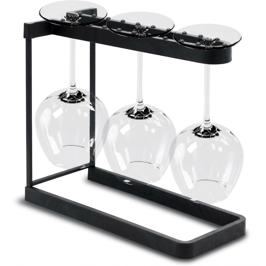 Happy Sinks Wine Glass Rack charcoal bio-composite front view holding three stemmed glasses