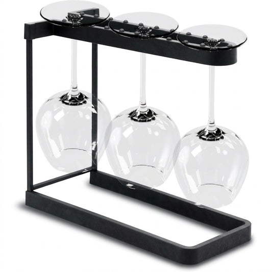 Happy Sinks Wine Glass Rack charcoal bio-composite front view holding three stemmed glasses