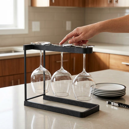 Happy Sinks Wine Glass Rack charcoal bio-composite holding three stemmed glasses on kitchen counter lifestyle shot