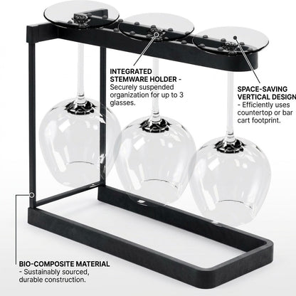 Happy Sinks Wine Glass Rack charcoal bio-composite integrated stemware holder and space-saving vertical design infographic