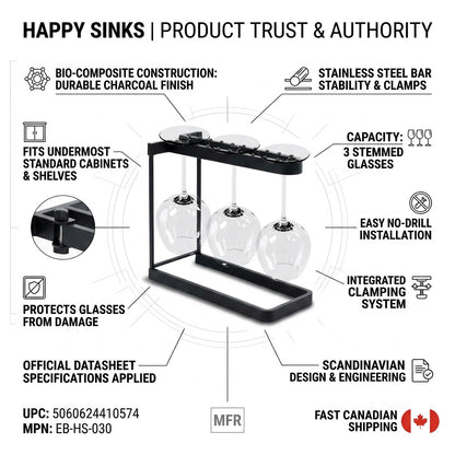 Happy Sinks Wine Glass Rack charcoal bio-composite product trust and authority specifications infographic