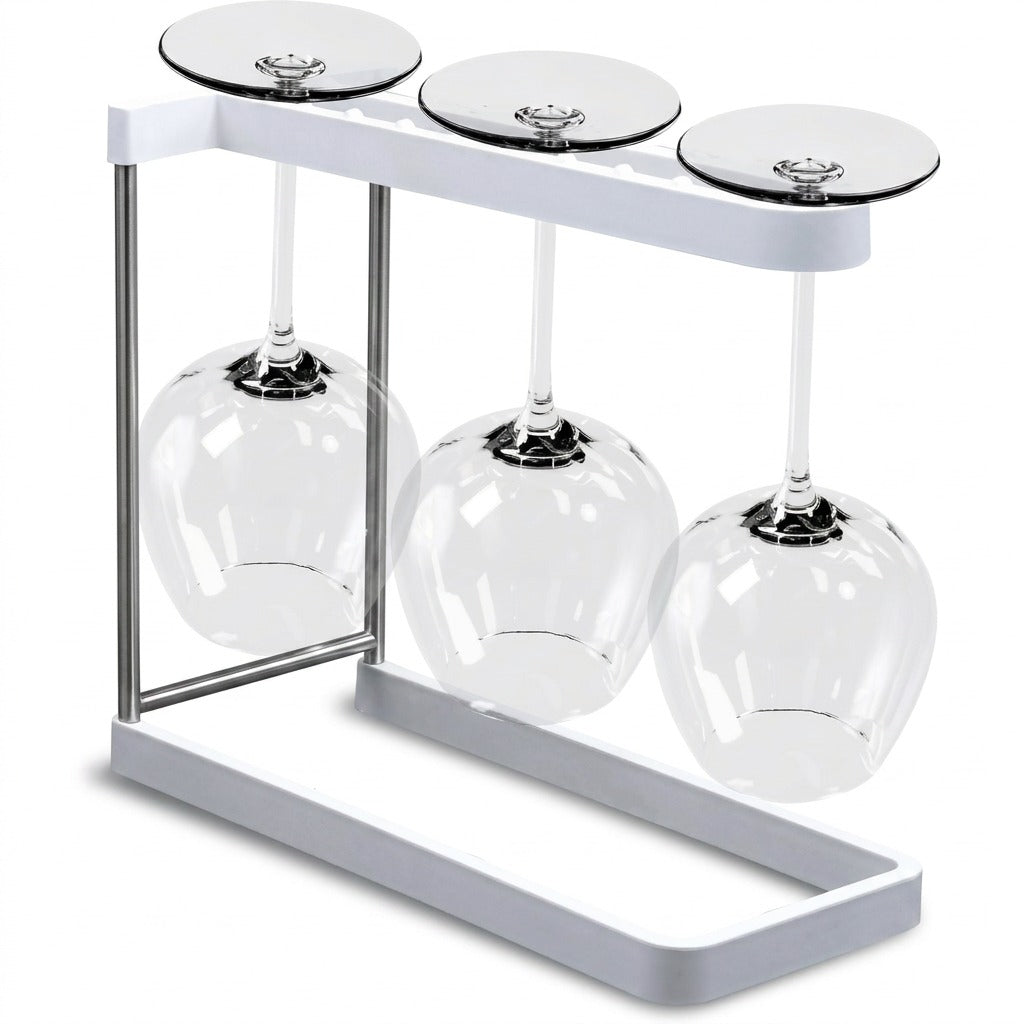 Happy Sinks Wine Glass Rack white bio-composite holding three upside-down glasses front view
