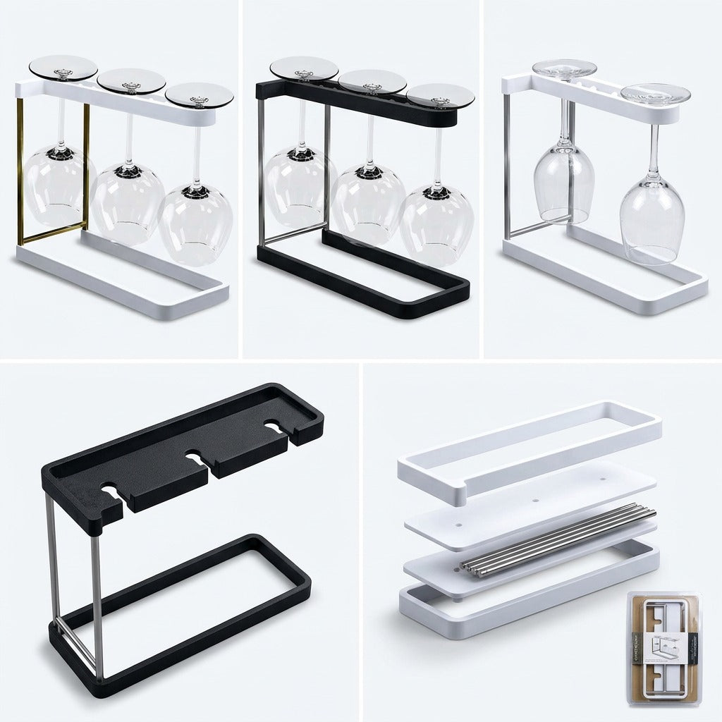 Happy Sinks Wine Glass Rack White and Charcoal colour options with assembly view ← updated
