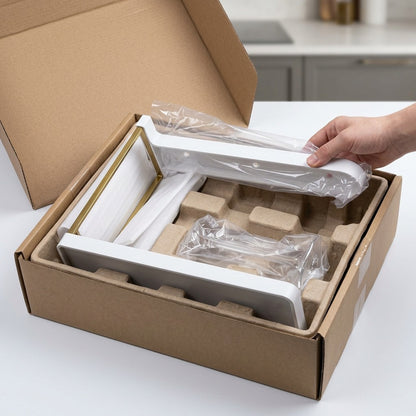Happy Sinks Wine Glass Rack white bio-composite unboxing protective shipping packaging
