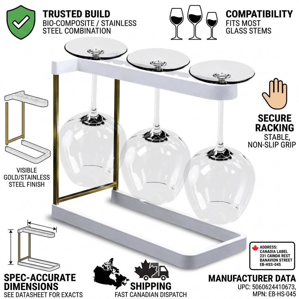 Happy Sinks Wine Glass Rack white bio-composite specifications and Canadian shipping infographic
