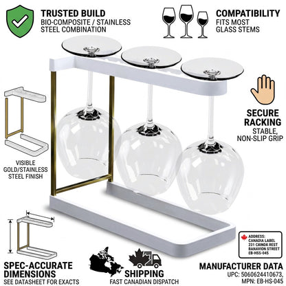 Happy Sinks Wine Glass Rack white bio-composite specifications and Canadian shipping infographic

